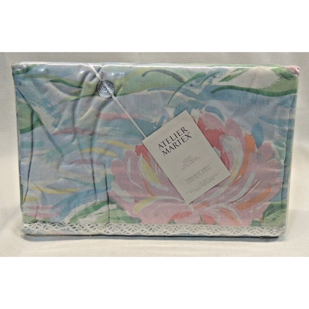 Atelier Martex Twin Flat Sheet Monet's Lilies Floral Pastel Lace Vintage 80s